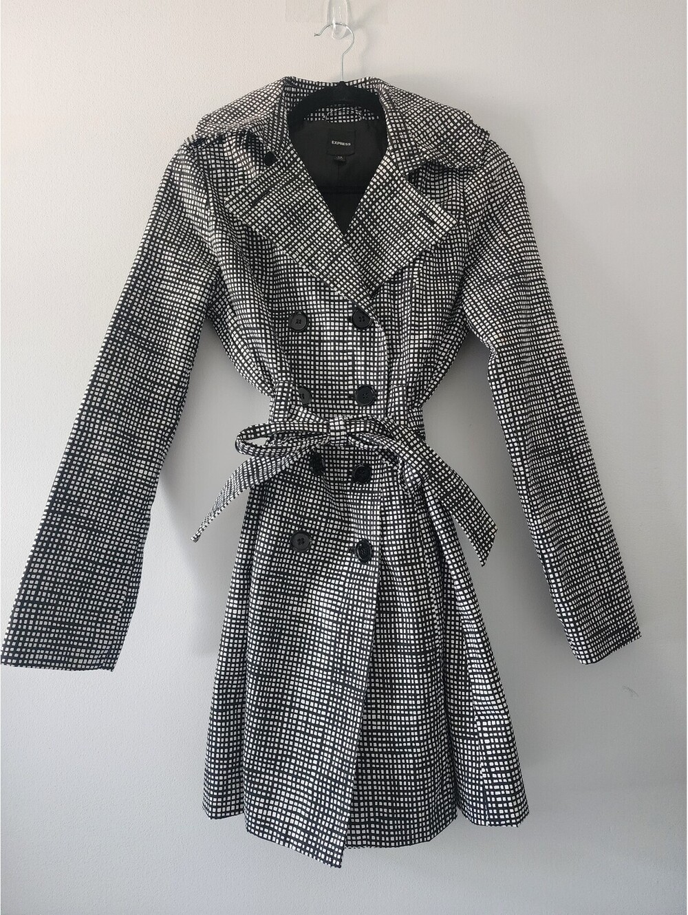 Express Women's XS Black and White Patterned Trench Rain Coat